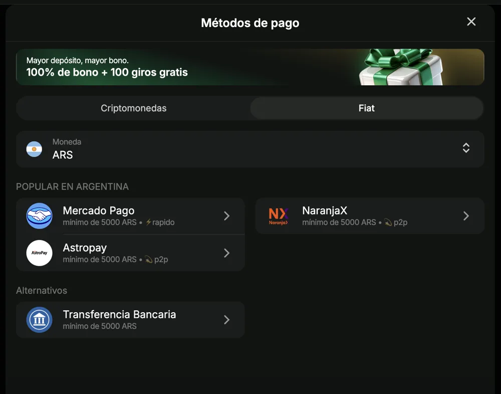 Caja de DaleWin en ARS: Mercado Pago, NaranjaX, Astropay y transferencia bancaria, mínimo 5.000 ARS